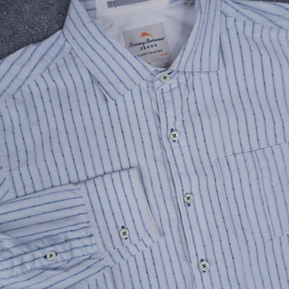 Tommy Bahama Button Down Shirt Mens Medium White Blue Striped Island Modern Fit
